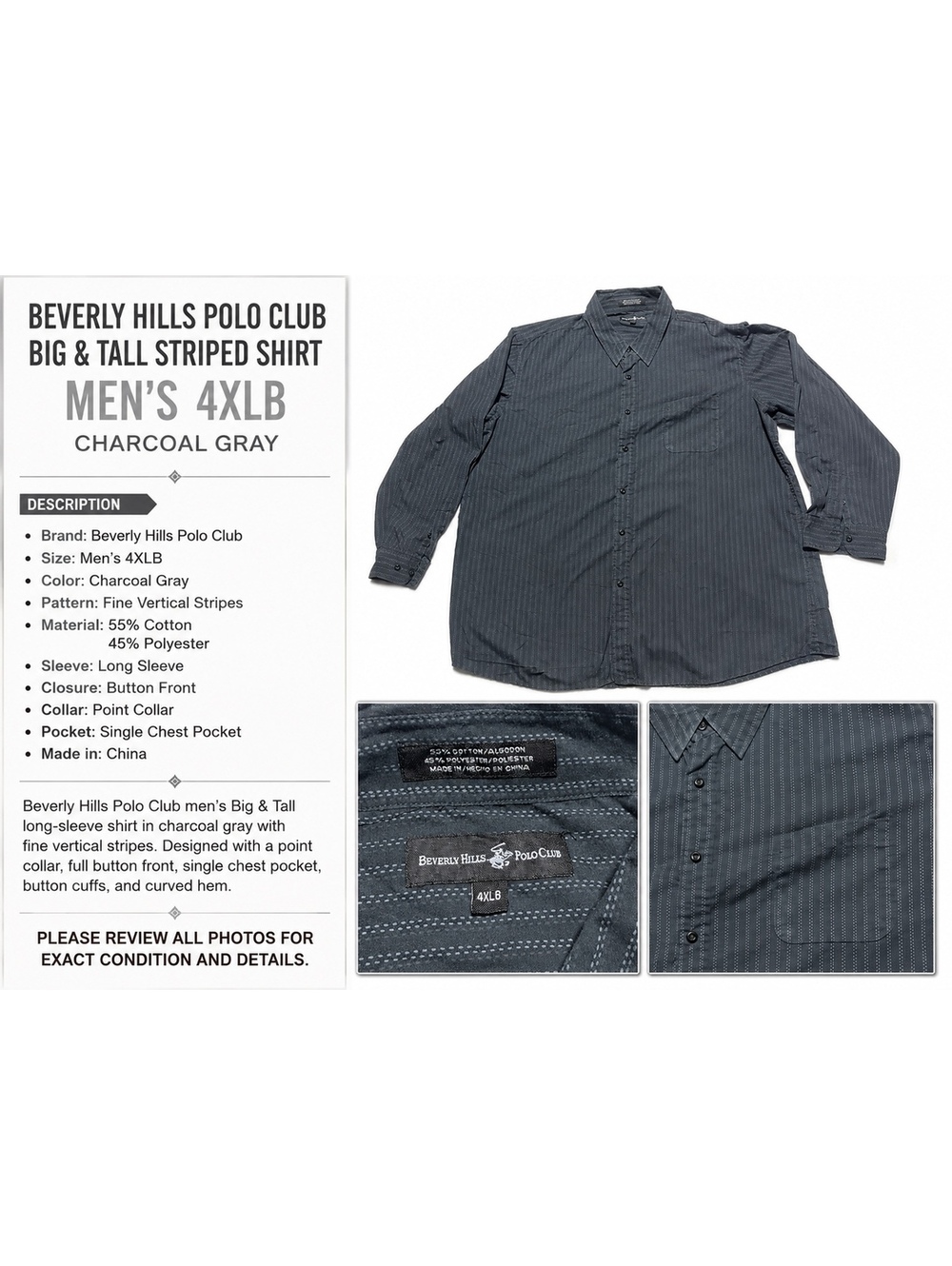 Beverly Hills Polo Club Men’s 4XLB Charcoal Gray Striped Long Sleeve Shirt